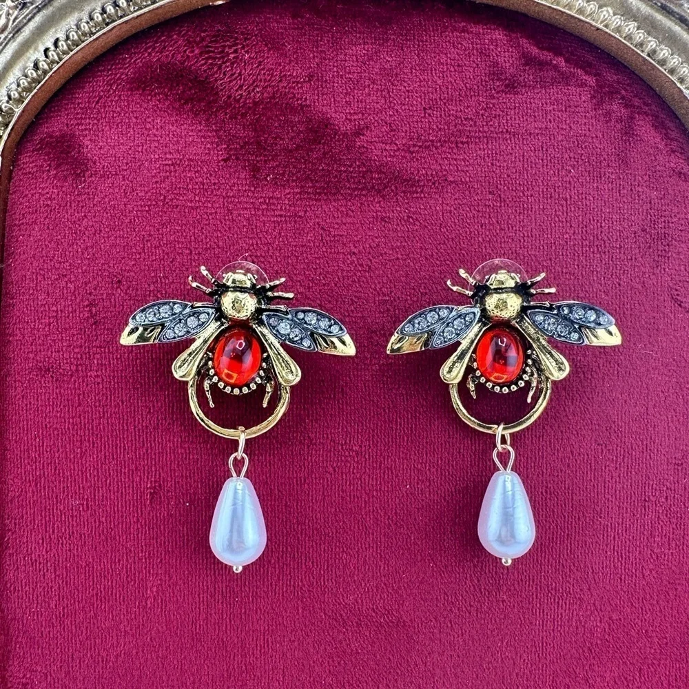 Vintage Luxury Honeybee Gold Red Pearl Drop Earrings